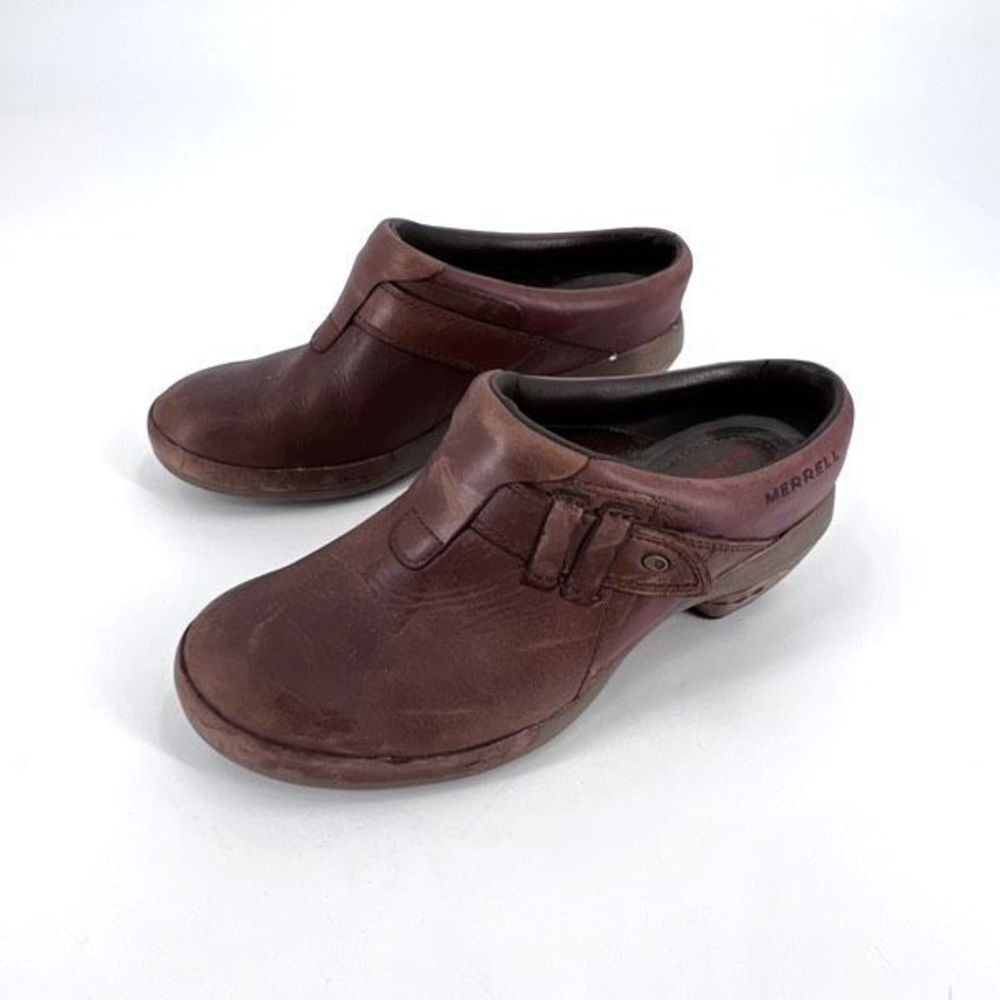 Merrell Womens Leather Luxe Plunge Block Heels Round Toe Clog Heels Brown Size 7